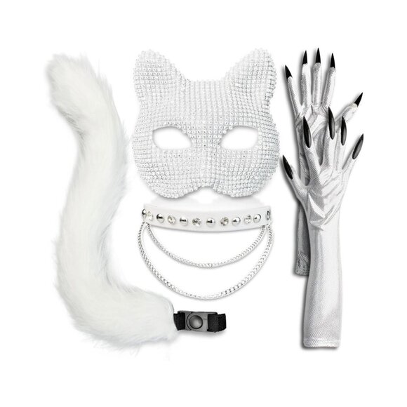 Jeweled Cat Empress Outfit Costume Rhinestone Mask Choker Tail Claw Gloves NEW - Picture 1 of 4